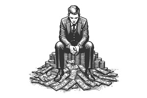 Businessman sitting on pile of money, a Finance Illustration by AlexArt