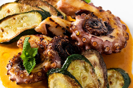 cooked octopus, served with courgettes and sauce