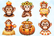 Watercolor Autumn Monkey Clipart, an Illustration by Craft Nest (Thumbnail 4 of 6)