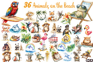 Summer Animals on the Beach Clipart, an Illustration by DreamCafeArt
