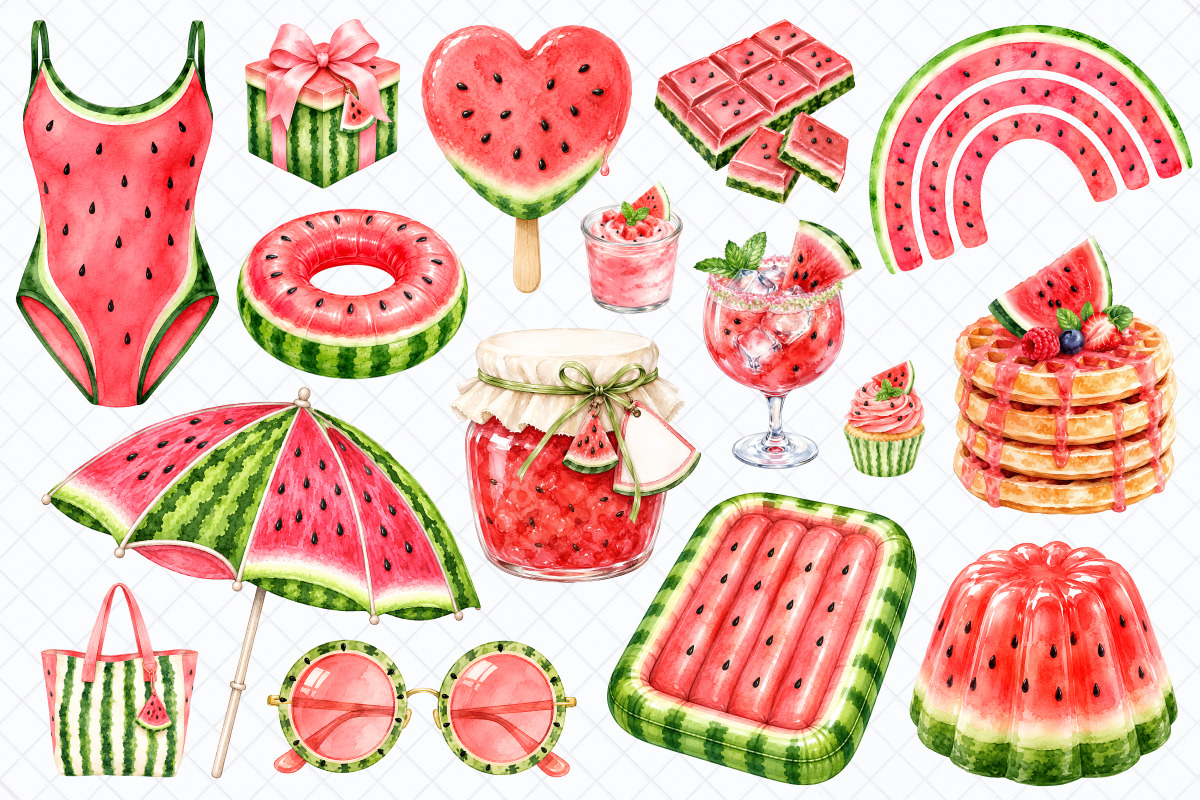Watermelon Vibes Watercolor Clipart, a Food Illustration by Whimsy Brush Studio (Photo 4 of 8)