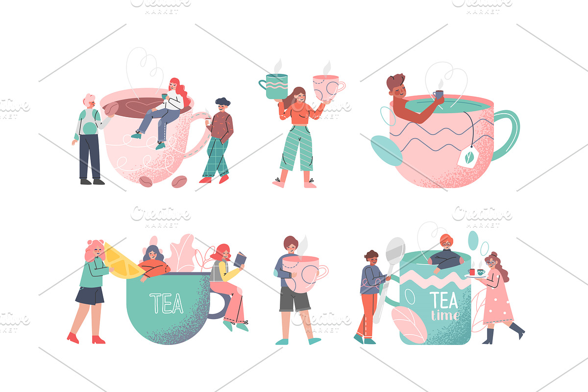 Coffee and Tea Time Break with Tiny, a Person Illustration by TopVectors