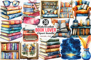 Watercolor Book Lover Clipart Bundle, an Illustration by Canvas Craft