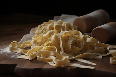 typical italian pasta fettuccine, a Food & Drink Photo by Virgo Studio