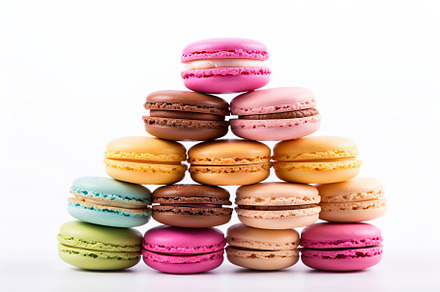 Colorful macarons dessert on white background, a Food & Drink Photo by AlyaAnd