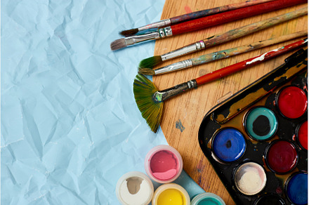 Flat lay of colorful paints, an Arts & Entertainment Photo by IlliaBondarPhotography