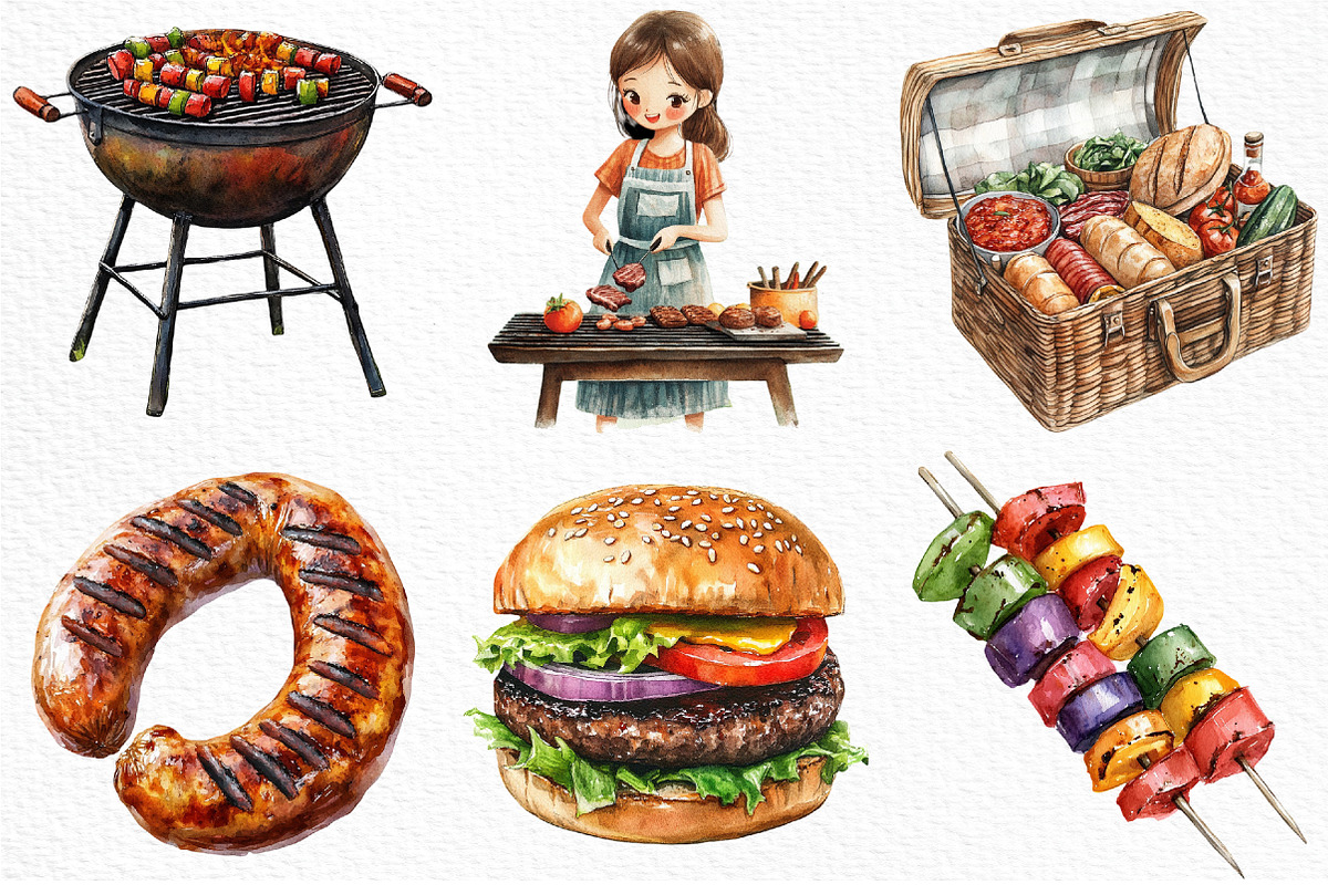 Watercolor BBQ Barbecue Clipart, an Illustration by Craft Nest (Photo 6 of 11)