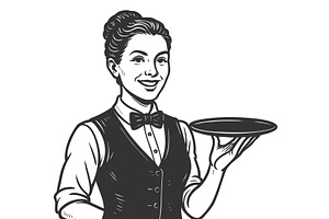 Waiter Holding Empty Tray engraving, a Person Illustration by AlexArt
