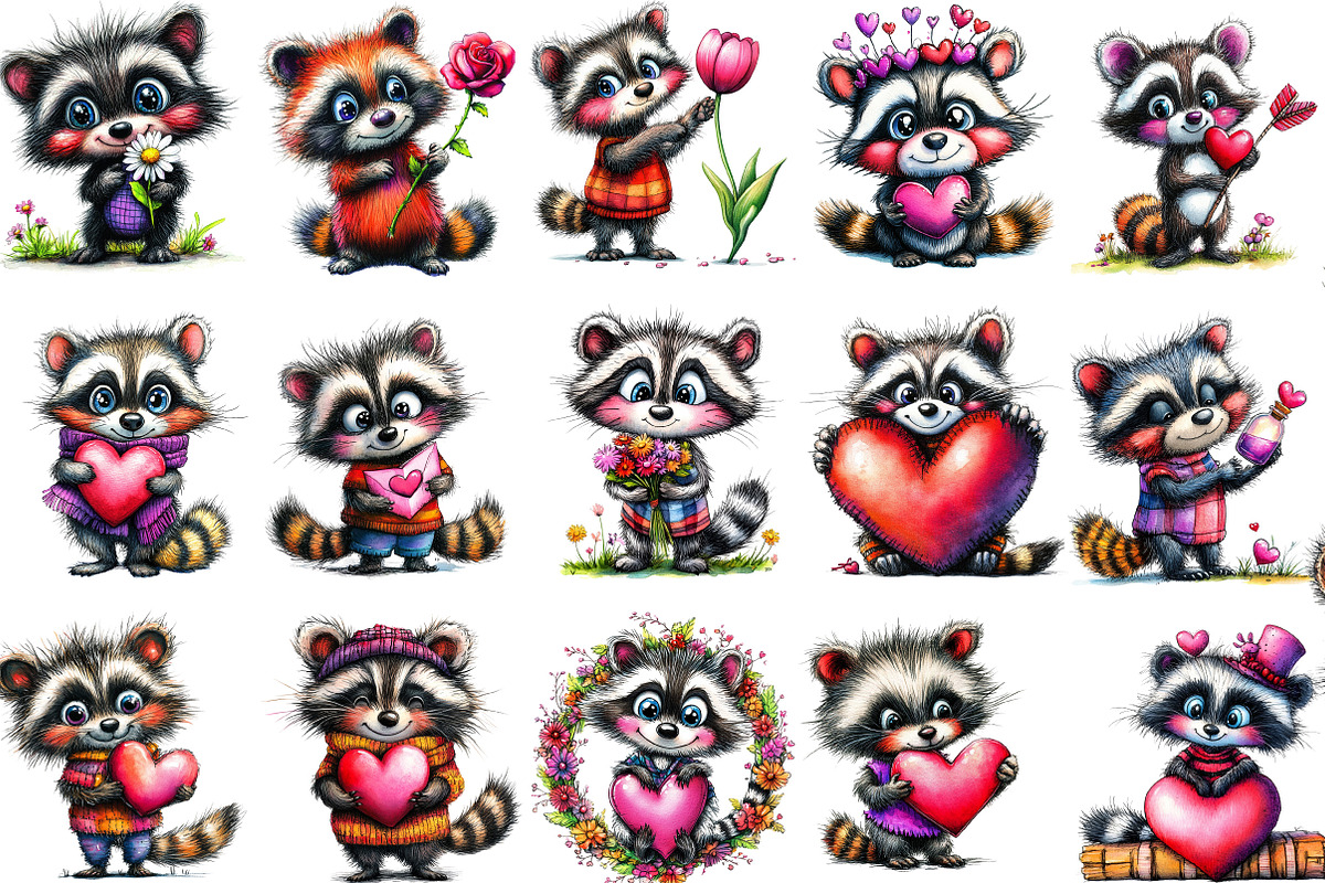 Whimsical Valentine Raccoon Clipart, an Illustration by Designking (Photo 2 of 5)