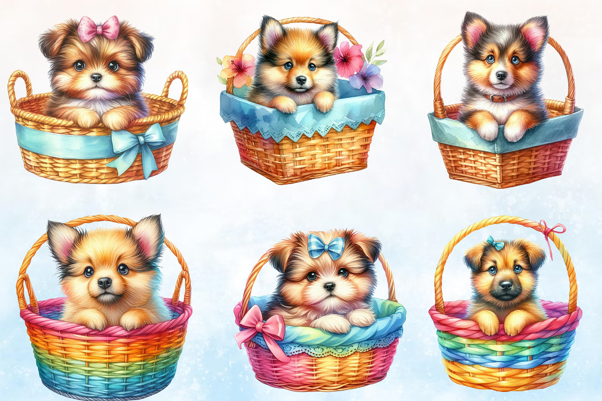 Watercolor Puppy Dog With Basket Cl, a Seasonal Illustration by Rose Art (Photo 3 of 3)