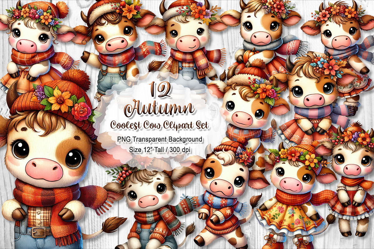Cute Autumn Cow Clipart Sublimation, a Seasonal Illustration by V Design Creator (Photo 1 of 9)