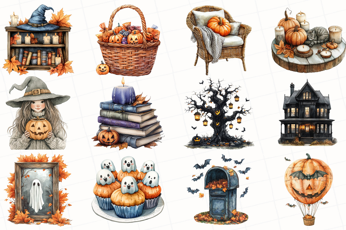 Watercolor Cozy Halloween Clipart, an Illustration by OK Design (Photo 3 of 5)