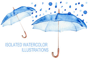 Watercolor Blue Umbrellas.