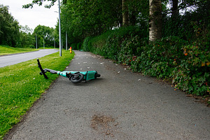 Electric scooter lying on a green pathway in Reykjavik, Iceland near trees, a Photo by AS photostudio