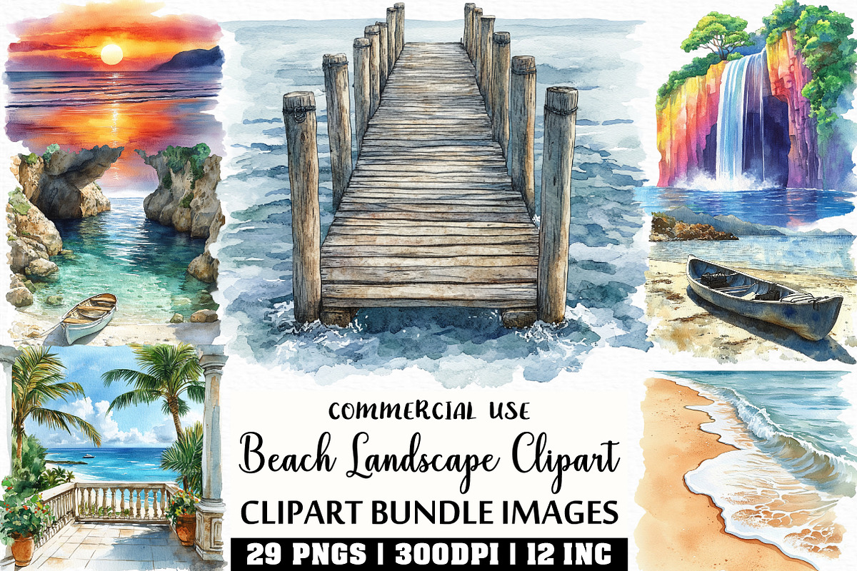 Watercolor Beach Landscape Clipart, an Illustration by Craft Nest (Photo 1 of 5)