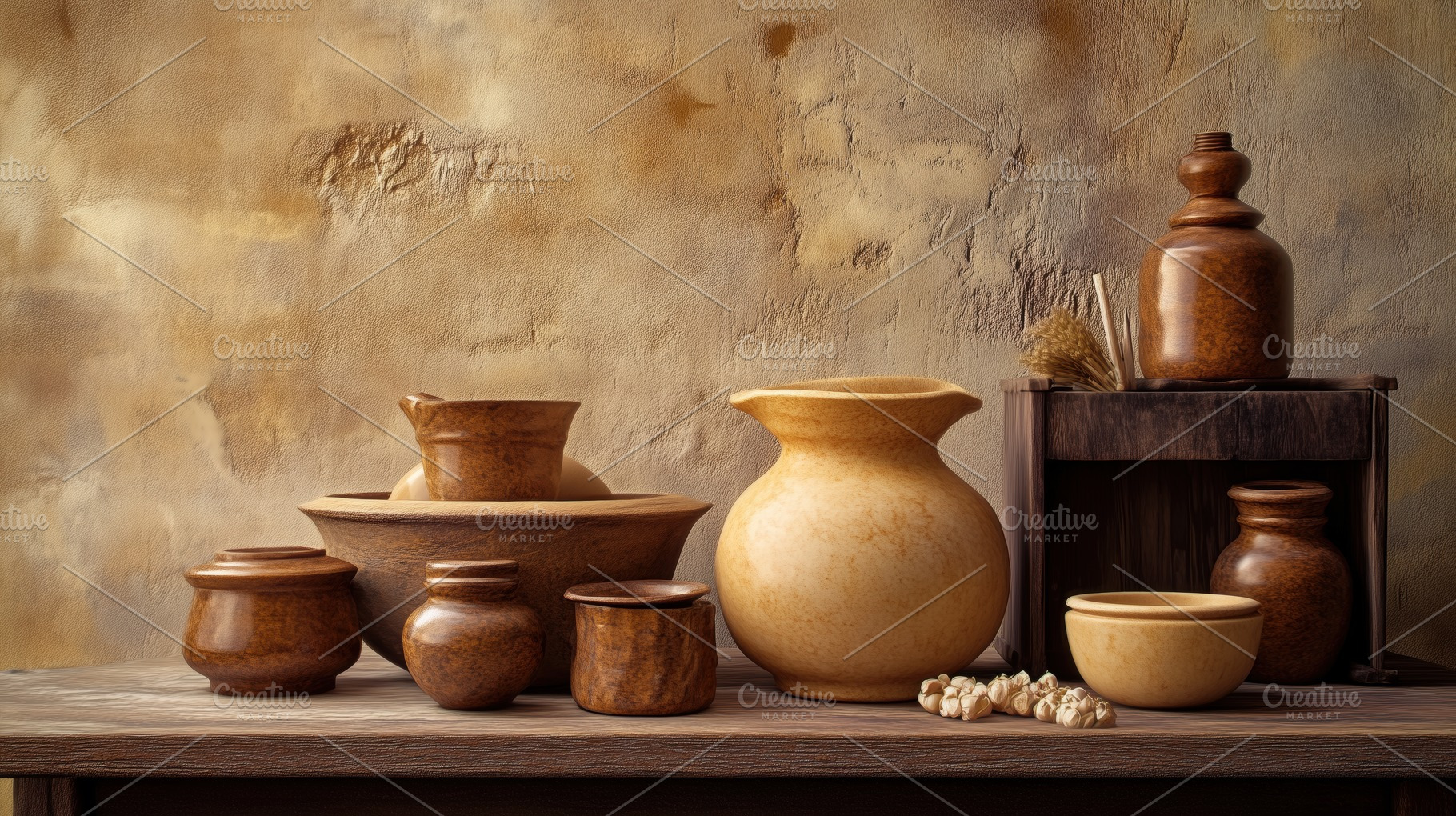 Collection of various pottery pieces displayed on a wooden table against a text, an Arts & Entertainment Photo by Textures & Backgrounds