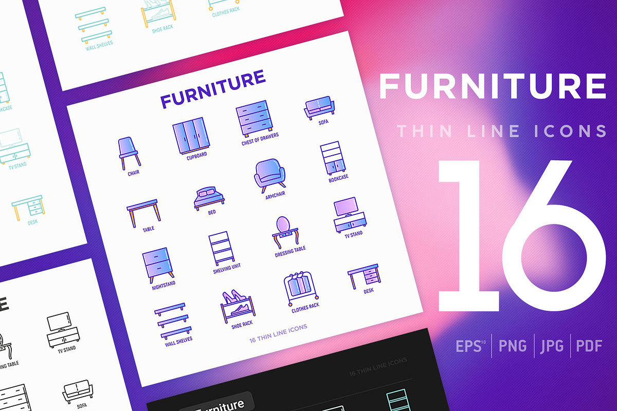 Furniture | 16 Thin Line Icons Set, an Outline Icon by Alex Blogoodf (Photo 1 of 11)