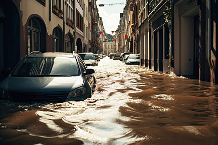 Floating cars in the dirty water during flooding in an european country, with w