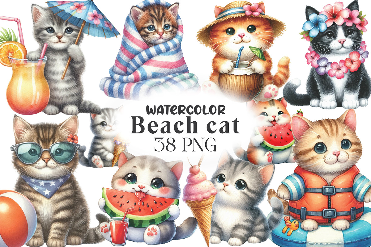 Watercolor Beach Cat Clipart, an Illustration by CraftArtStudio (Photo 1 of 6)