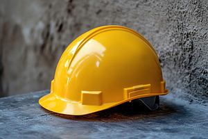 Yellow safety helmet resting on a textured grey wall in a constr, a Photo by AlyaAnd