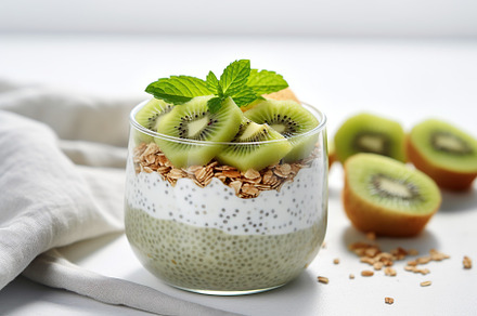 Chia pudding with kiwi and granola in glass on white background, a Food & Drink Photo by AlyaAnd