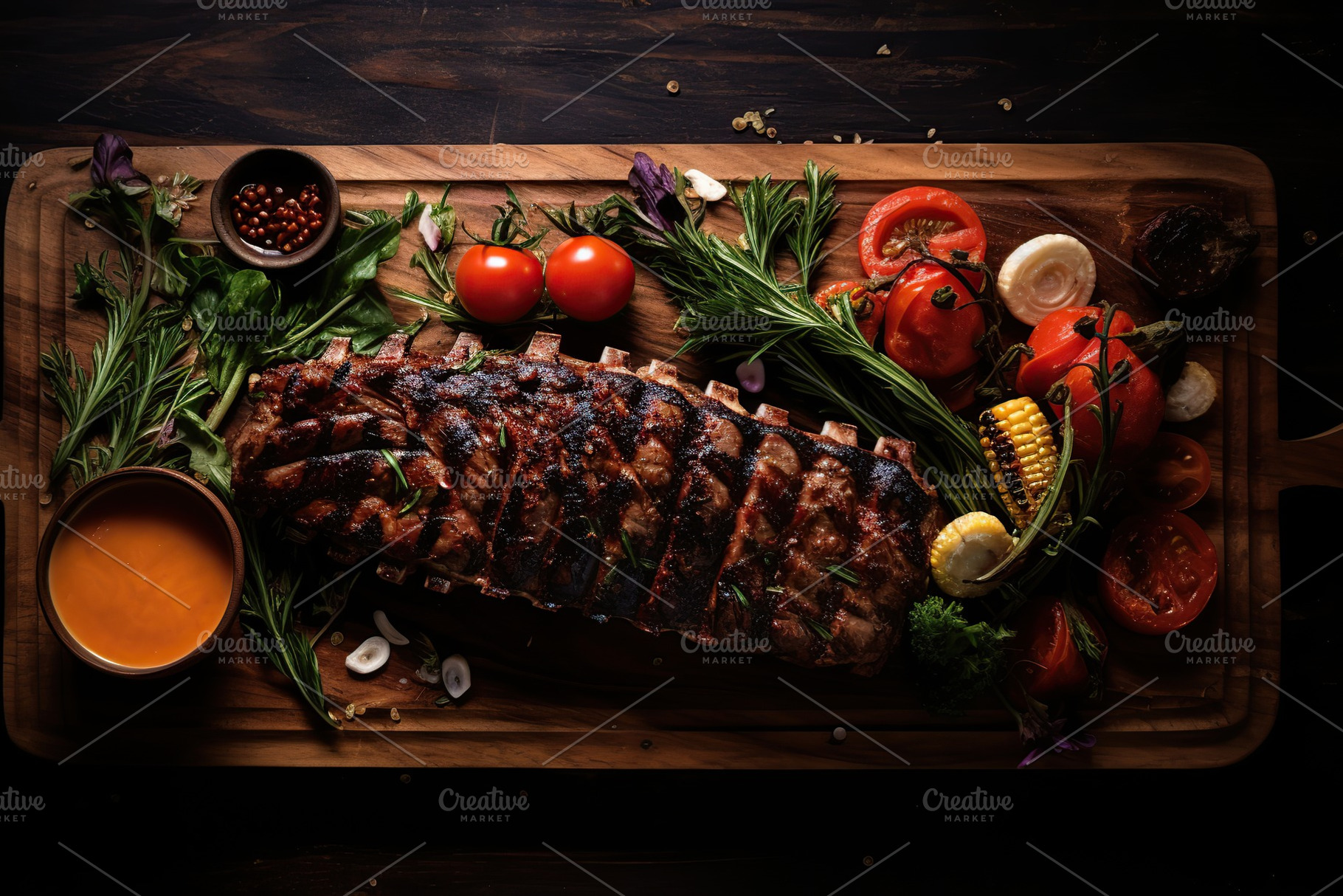 BBQ marinated meat with vegetables on wooden board, a Food & Drink Photo by AlyaAnd
