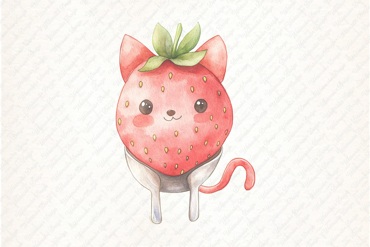 Strawberry Cat Sublimation Clipart, an Illustration by Watercolor design (Photo 10 of 12)