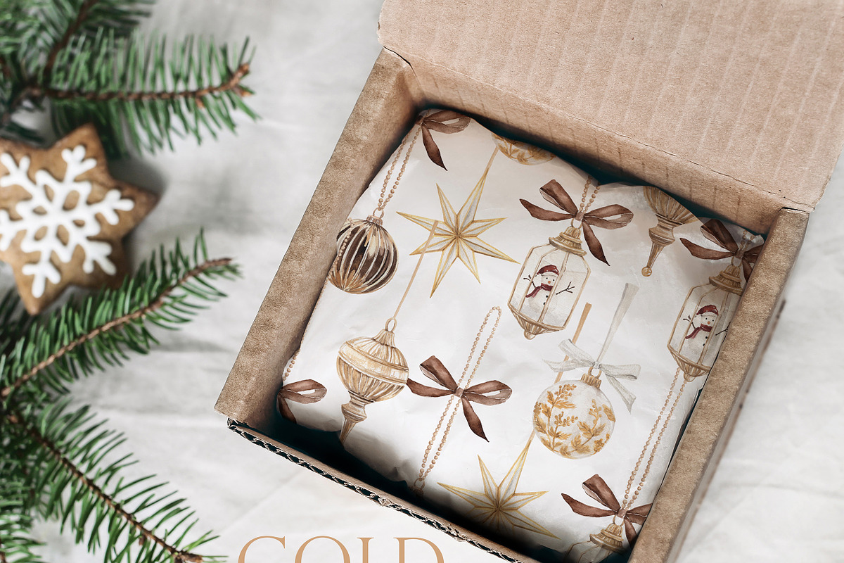 Gold Christmas Watercolor Clipart, a Decorative Illustration by Beigetime (Photo 2 of 18)