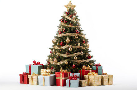 Decorated christmas fir tree with gift boxes on white background, a Holiday Photo by AlyaAnd