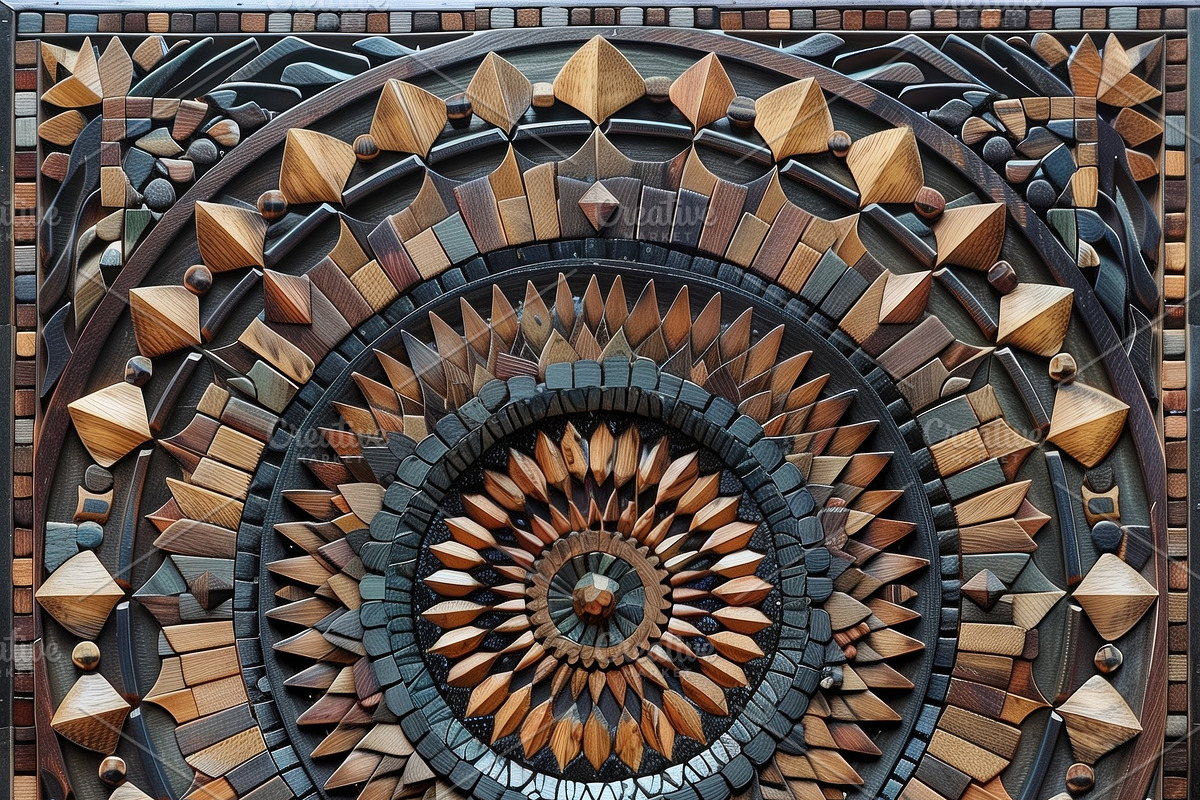 A beautifully crafted wooden mandala mosaic featuring intricate geometric patte, an Object Illustration by Textures & Backgrounds