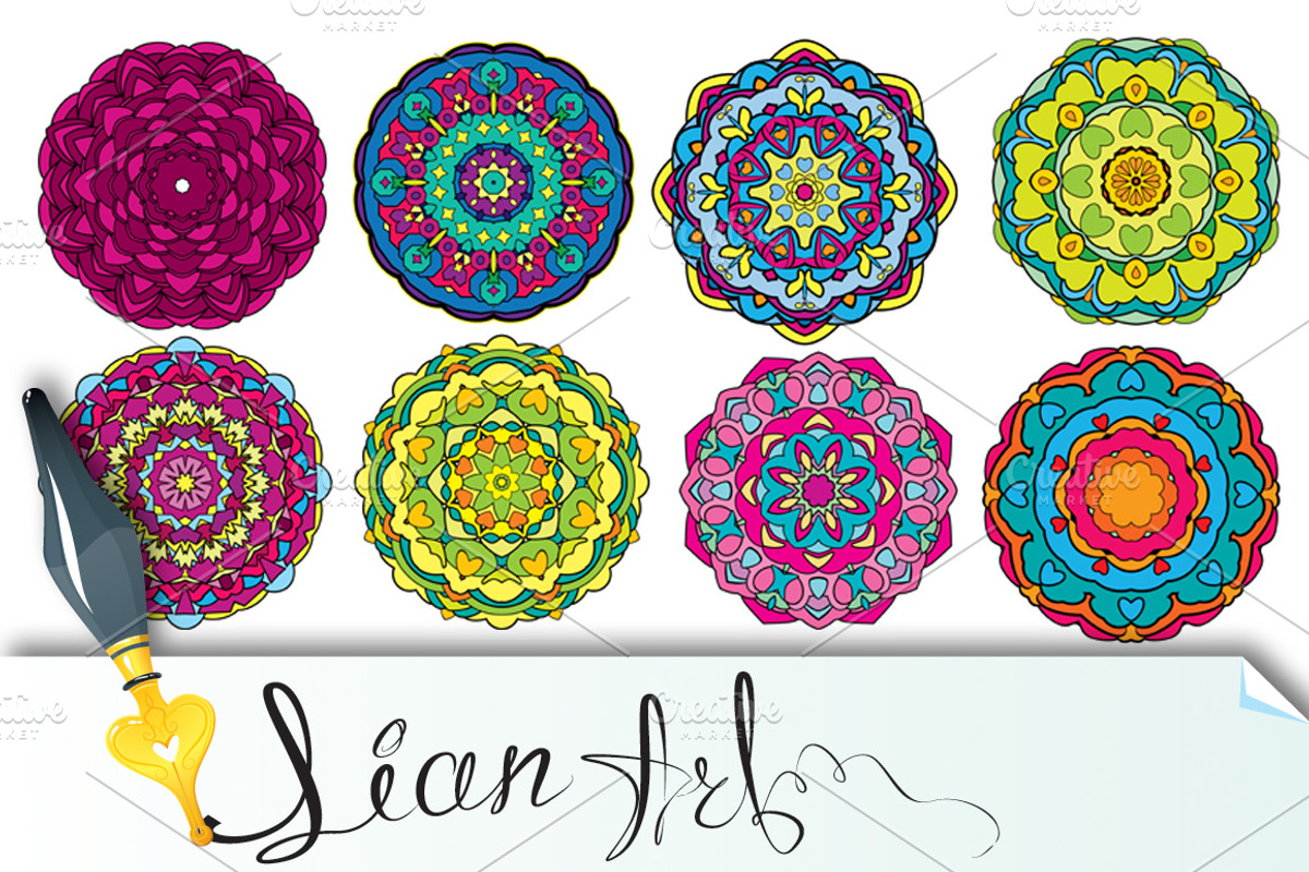 Set of 9 colorful round ornaments