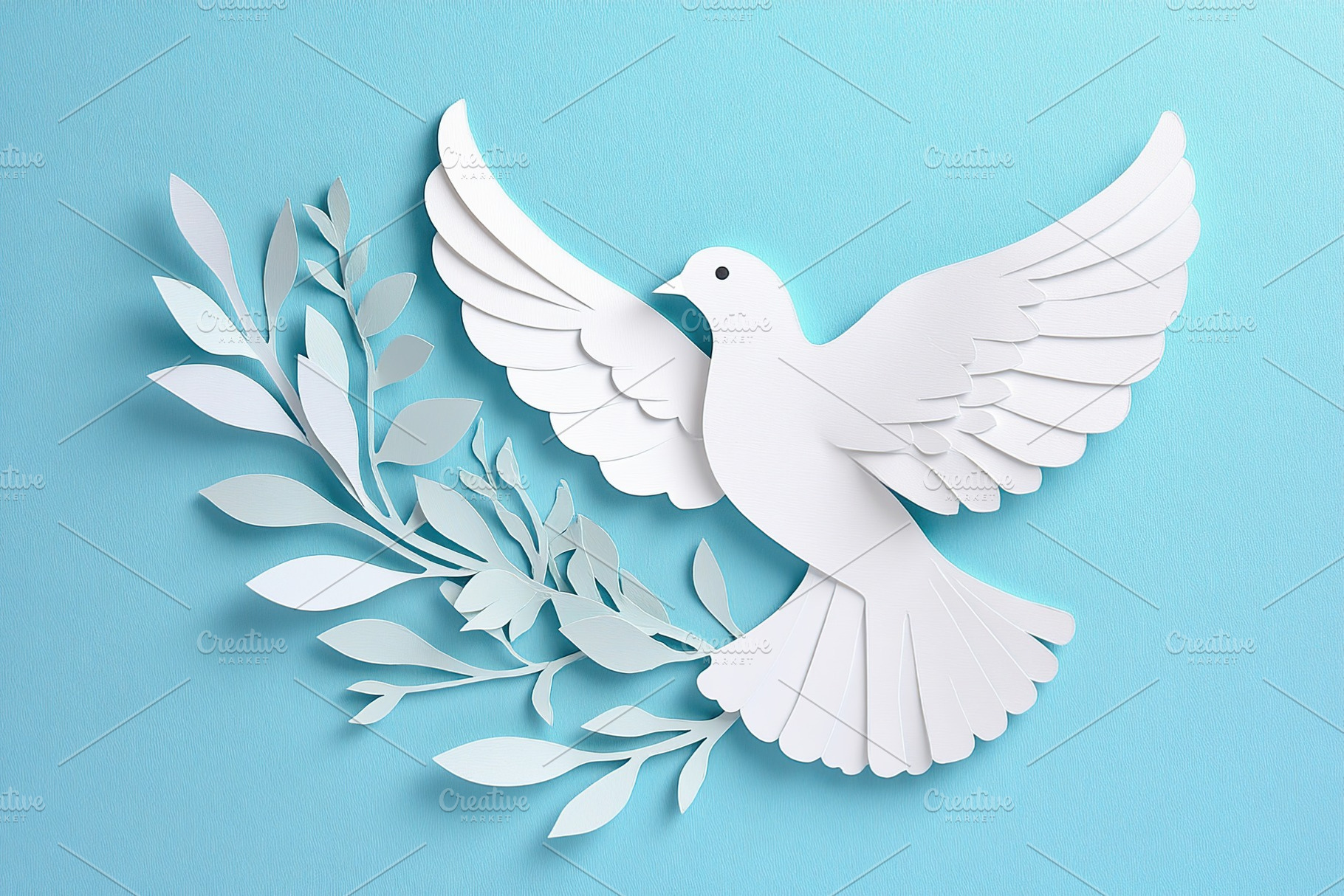 White paper dove with outstretched wings and paper olive branch on blue backgro, an Animal Photo by AlyaAnd