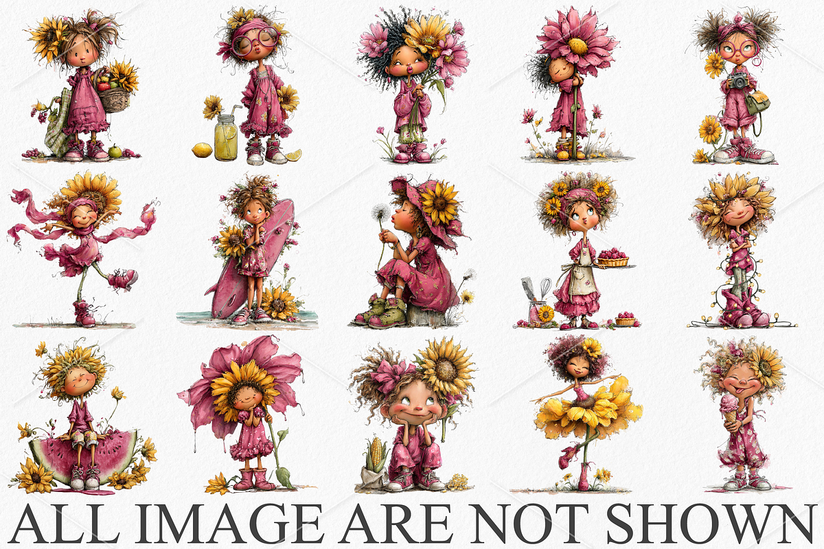 Summer Funny Sunflower Girls Clipart, a Seasonal Illustration by Canvas Craft (Photo 4 of 7)