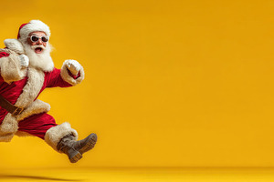 Energetic Santa Claus wearing sunglasses jumping joyfully with a, a Person Photo by José Manuel Gelpi