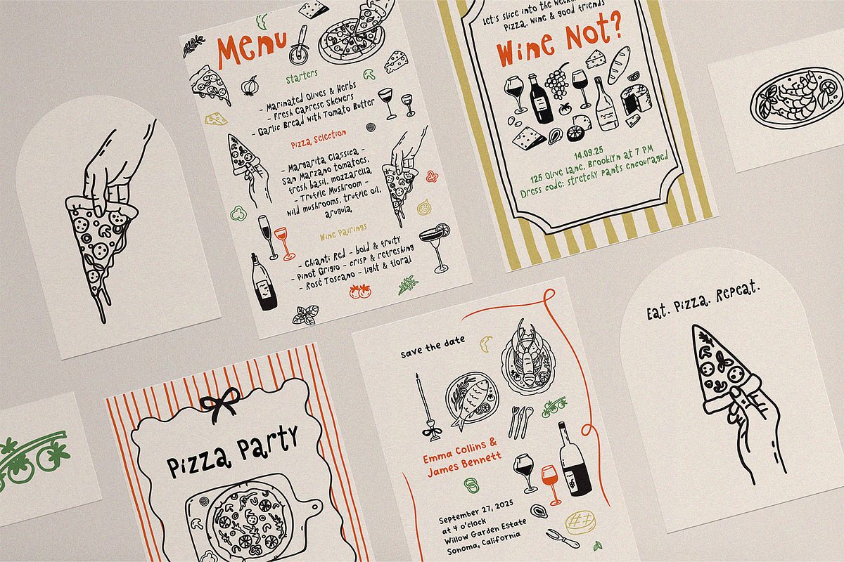 Whimsical Pizza & Wine Party set, a Food Illustration by Madiwaso (Photo 2 of 11)