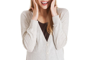 Beautiful positive and casual woman expressing surprise stock photo