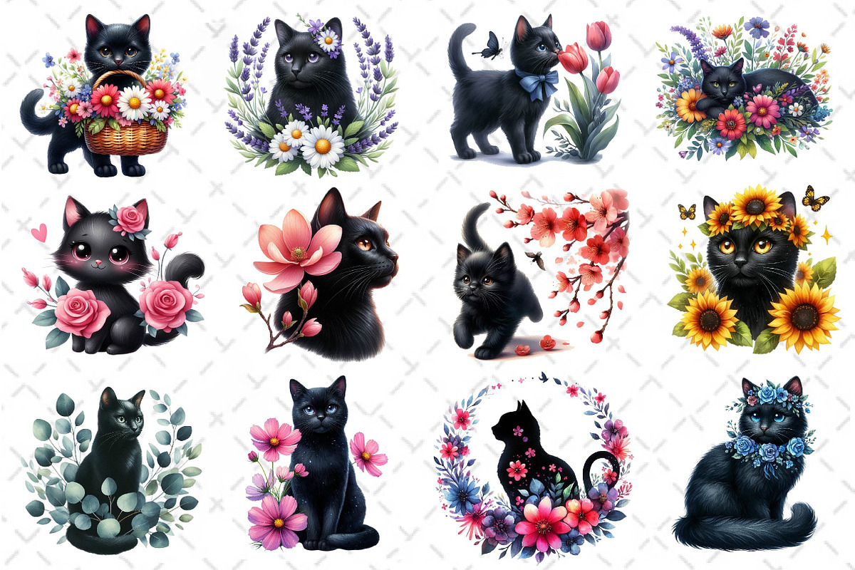 Watercolor Floral Black Cat Clipart, an Illustration by Dream Creation (Photo 2 of 5)