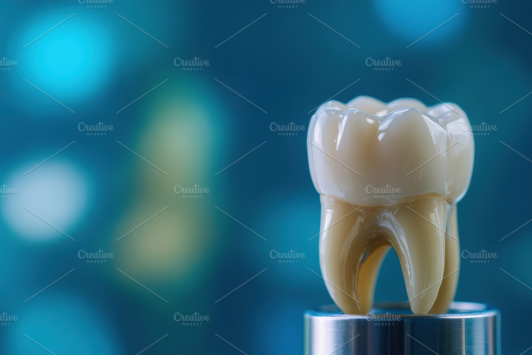 Big white tooth model on blue background, a Health & Medical Photo by AlyaAnd