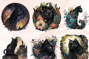 Watercolor Fantasy Black Cat Clipart