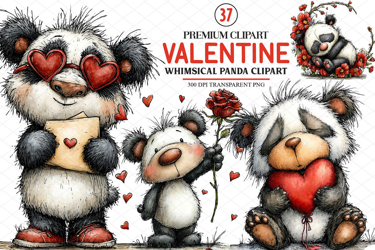 Whimsical Valentine Panda Clipart, an Illustration by cherrydesign (Photo 1 of 4)
