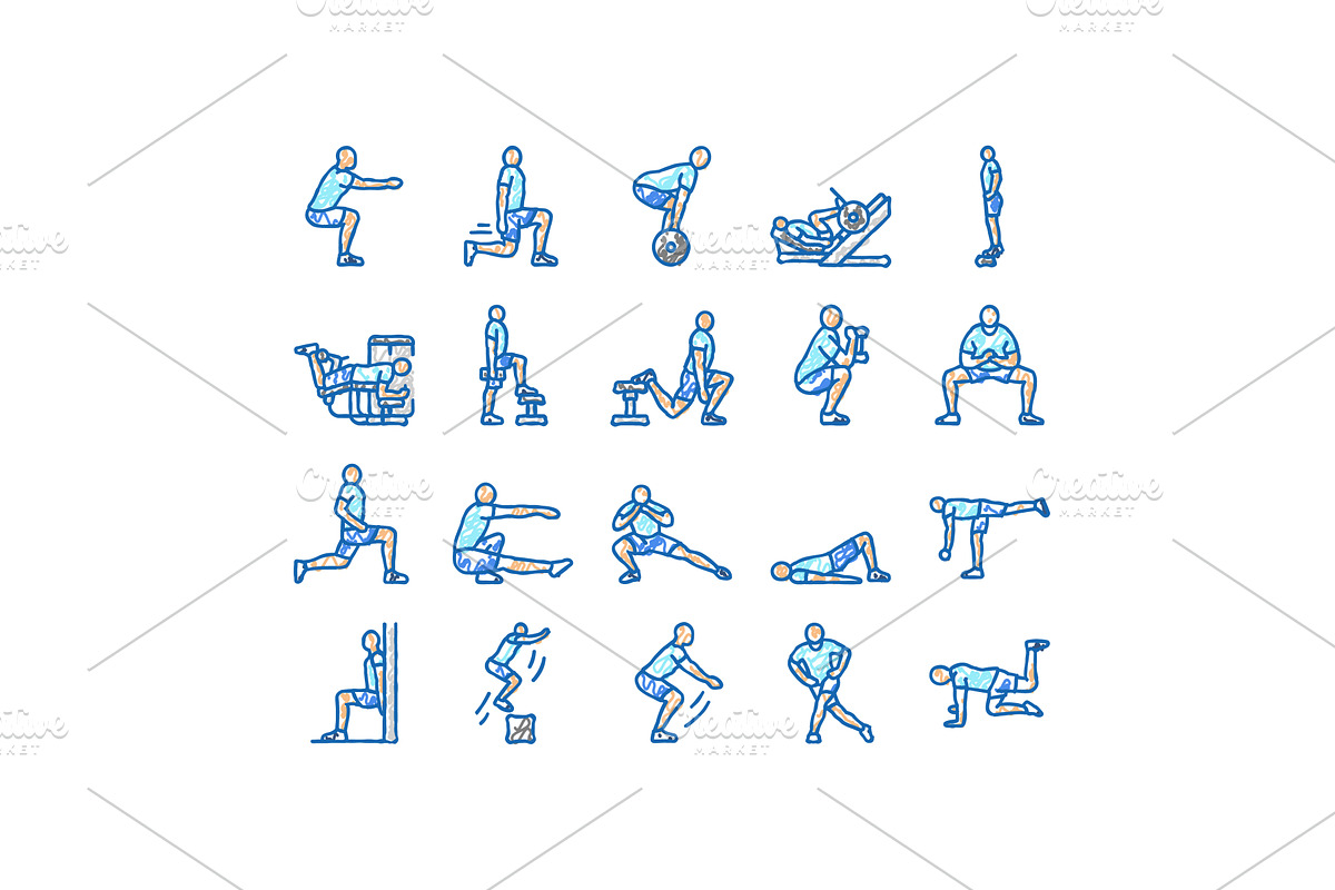 fitness exercises leg icons hand, an Object Illustration by pikepicture