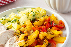 A balanced meal of boiled potatoes, a Food & Drink Photo by Pundateam