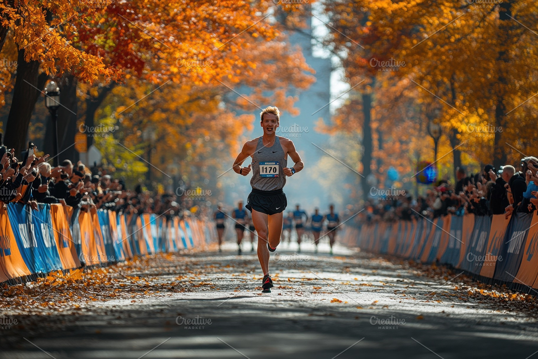 Runner in first place crosses the fi, a Photo by Tanuart | Creative Market