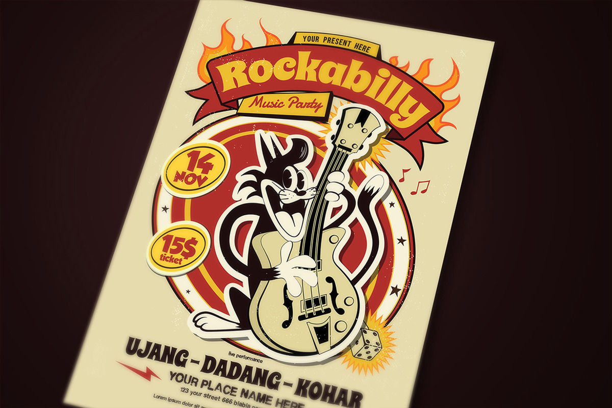 Retro Rockabilly Music Party Flyer, a Flyer Template by megarez (Photo 2 of 3)