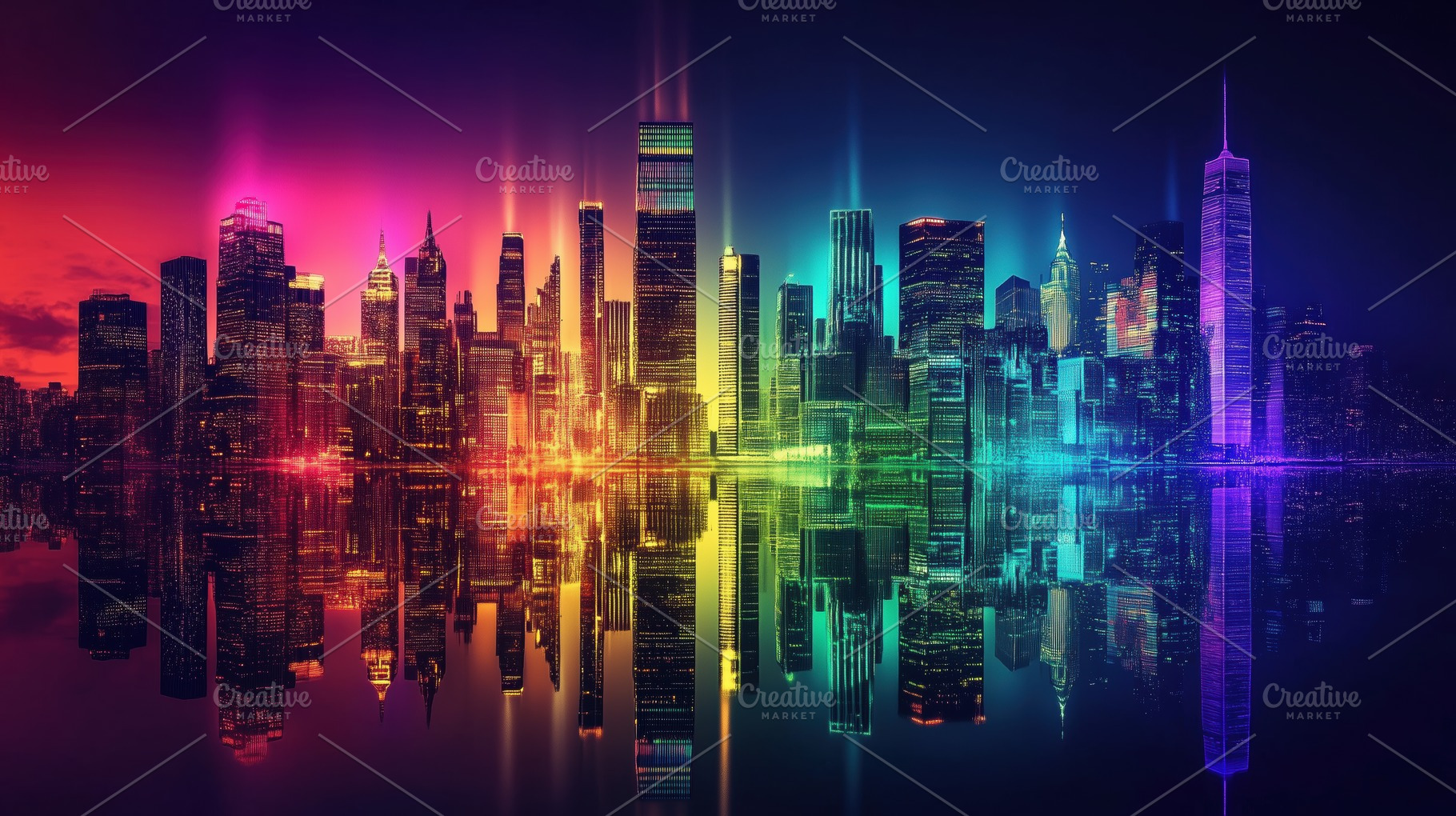 A vibrant city skyline at night, illuminated with colorful lights in rainbow hu, an Arts & Entertainment Photo by Textures & Backgrounds