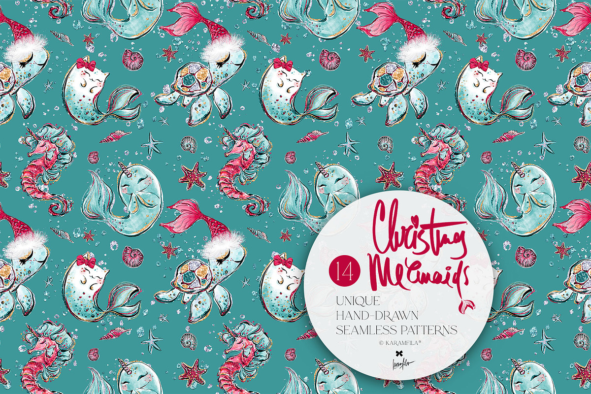 Christmas Mermaids Seamless Patterns, a Pattern Graphic by KaramfilaS (Photo 9 of 19)