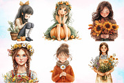 Girls with Fall Flowers Clipart PNG, a Seasonal Illustration by Canvas Craft (Thumbnail 4 of 7)