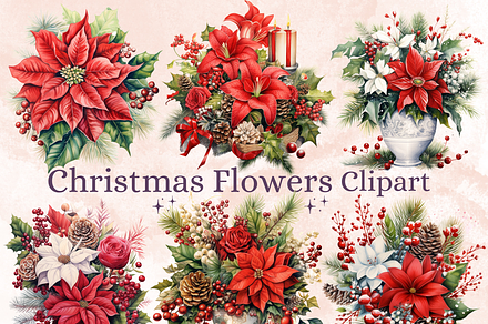 Watercolor Christmas Flowers Clipart, an Illustration by GiraffeCreative