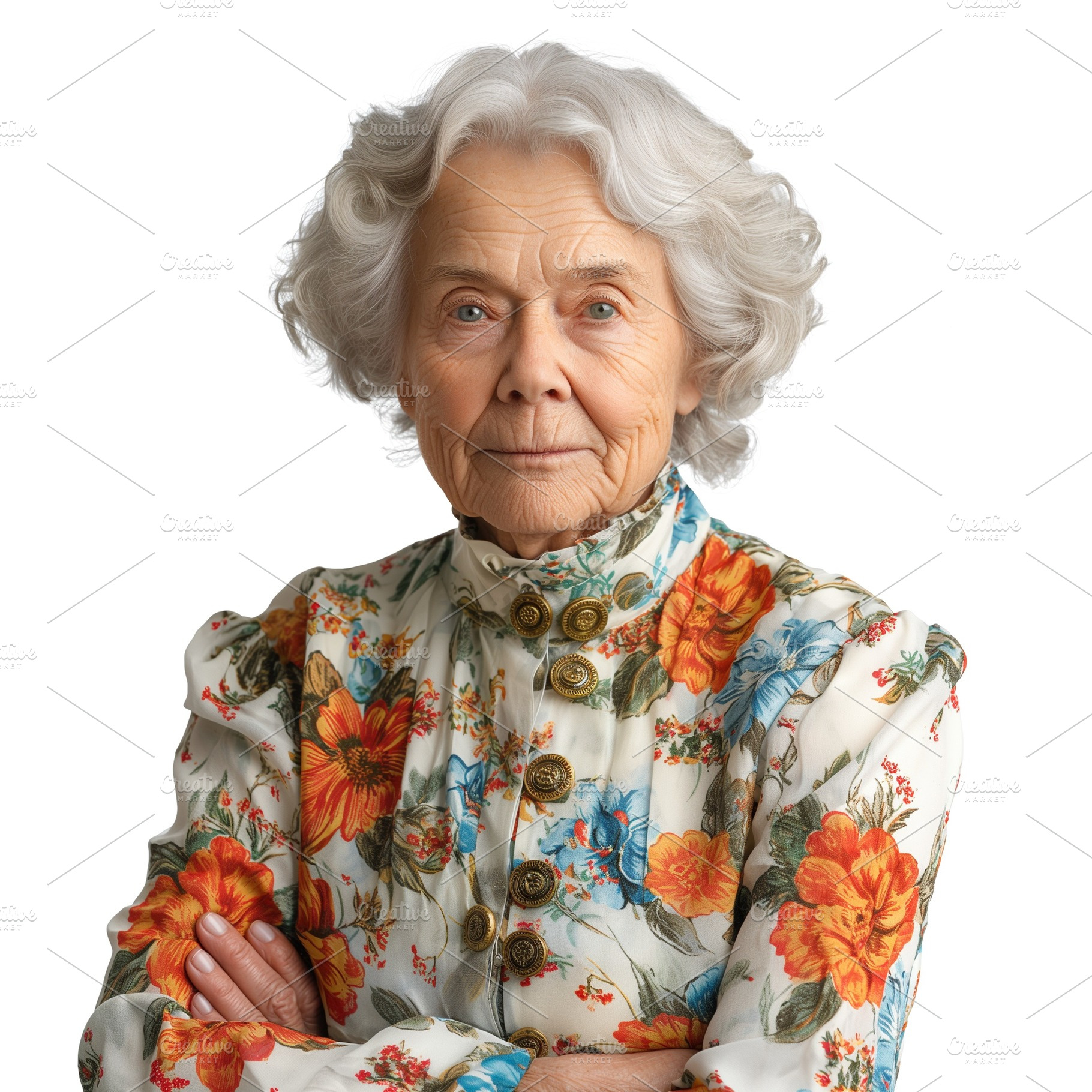 An elegant elderly woman with silver hair wearing a floral-patterned blouse, ex, a Person Photo by ImageMir