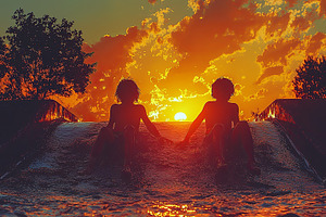 Two children enjoying a waterslide during a vibrant sunset, a Photo by AS photostudio